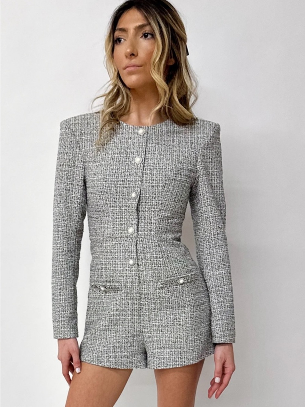 Gray Tweed Pearl-Button Long-Sleeve Blazer Romper